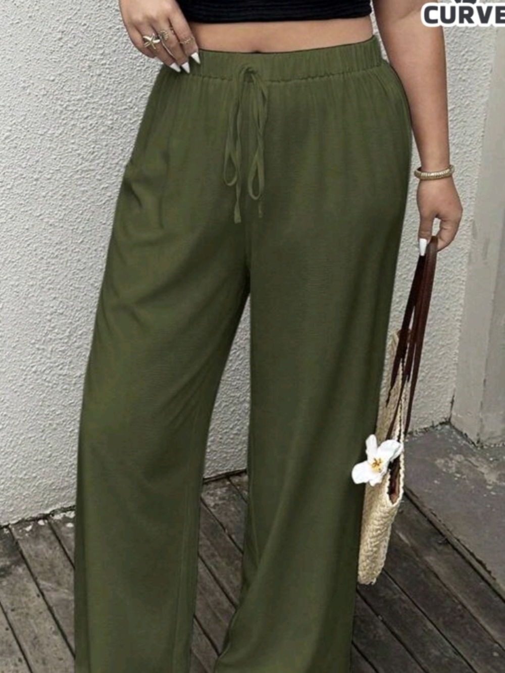 Relaxed Drawstring Wide-Leg Pants - Olive Green